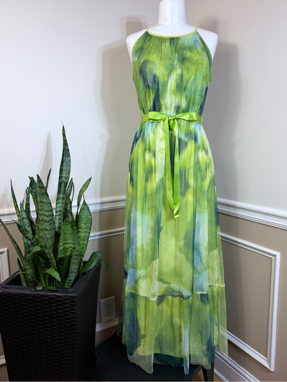 NWT 🏷️ Candalite Maxi Dress Lime Green Blue Tulle Mesh Halter Style Sash Small